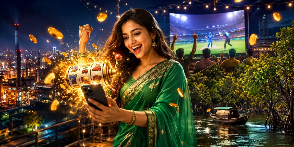 সুন্দরবনের পটভূমিতে শাড়ি পরা মডেলের সাথে ক্রিকেট বেটিং দৃশ্য